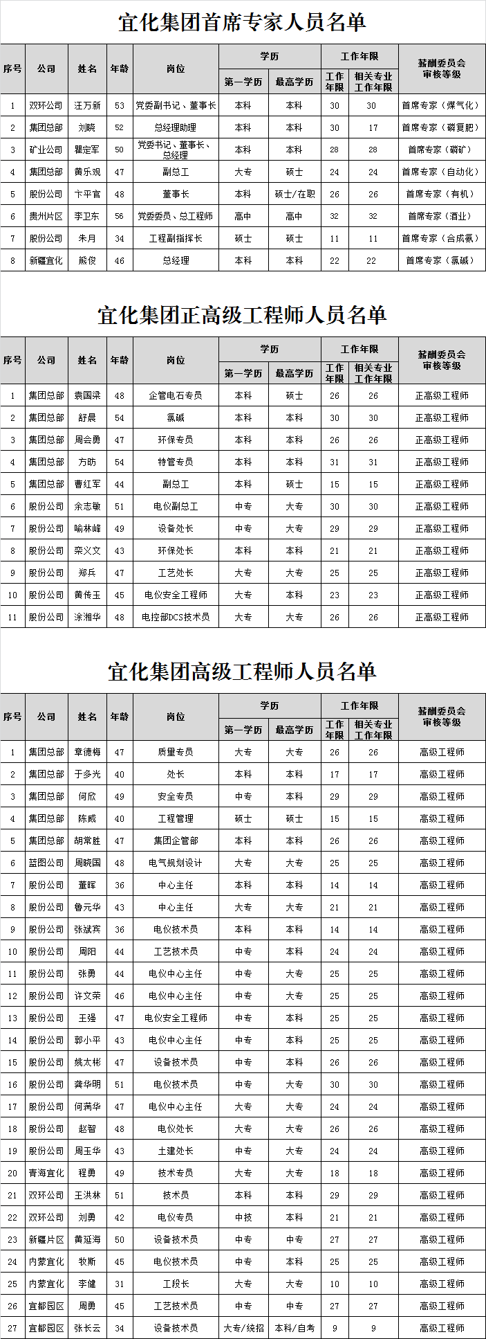 宜化集團首席專家、正高級工程師、高級工程師評審結(jié)果公示